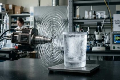 Riak gelombang ultrasonik yang menggetarkan molekul dalam segelas air di laboratorium, membuktikan fakta sains bahwa suara bisa membekukan air tanpa kulkas.