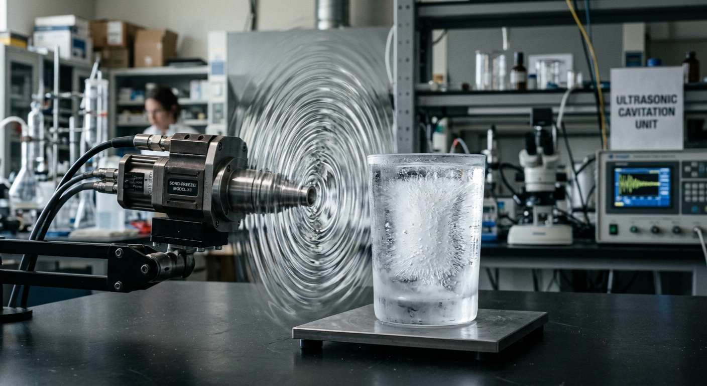 Riak gelombang ultrasonik yang menggetarkan molekul dalam segelas air di laboratorium, membuktikan fakta sains bahwa suara bisa membekukan air tanpa kulkas.