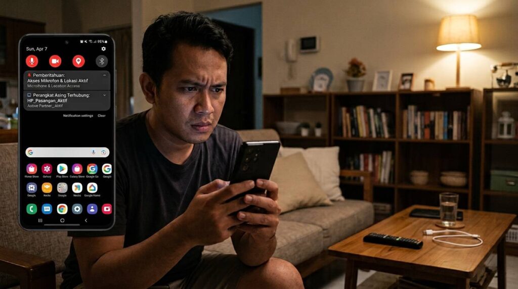 Ekspresi panik seseorang saat menemukan notifikasi privasi menyala diam-diam yang menjadi tanda HP disadap oleh si doi
