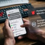 Ilustrasi layar smartphone yang memunculkan notifikasi perangkat asing terhubung dan akses mikrofon aktif sebagai tanda HP disadap secara diam-diam.