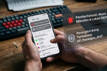 Ilustrasi layar smartphone yang memunculkan notifikasi perangkat asing terhubung dan akses mikrofon aktif sebagai tanda HP disadap secara diam-diam.