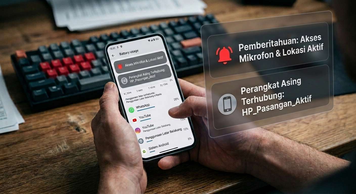 Ilustrasi layar smartphone yang memunculkan notifikasi perangkat asing terhubung dan akses mikrofon aktif sebagai tanda HP disadap secara diam-diam.