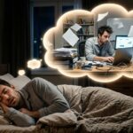Ilustrasi lucu seseorang yang sedang tidur nyenyak namun bermimpi sedang bekerja keras di kantor, menggambarkan betapa sibuknya otak saat tidur nyenyak.
