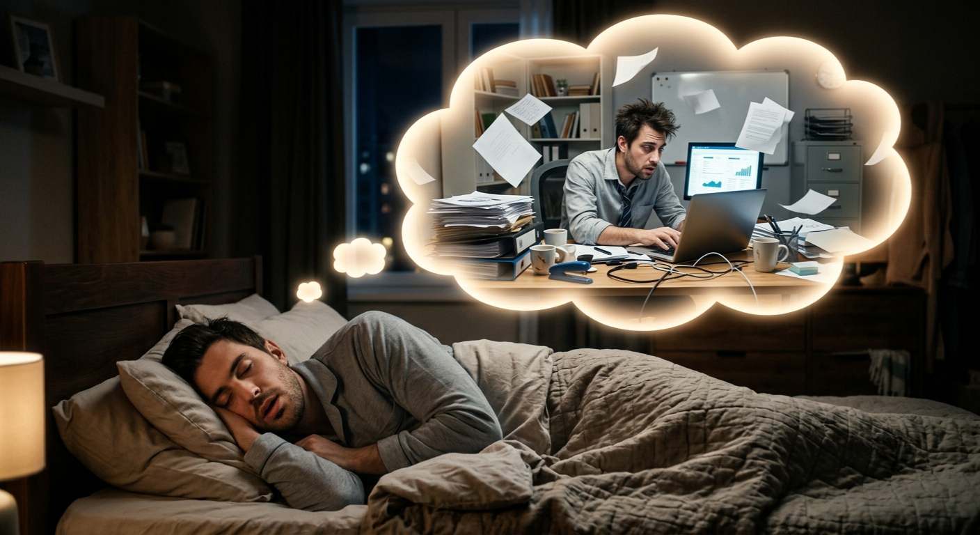 Ilustrasi lucu seseorang yang sedang tidur nyenyak namun bermimpi sedang bekerja keras di kantor, menggambarkan betapa sibuknya otak saat tidur nyenyak.