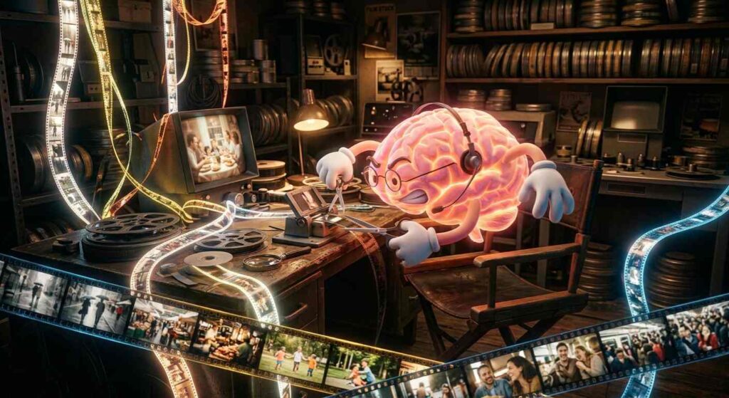 Ilustrasi otak yang sedang menyortir dan memotong pita film sebagai perumpamaan proses konsolidasi memori saat tidur nyenyak.