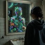 Ilustrasi surealis seseorang menatap cermin kamar mandi dengan pantulan wujud dirinya yang tersusun dari ribuan bakteri dan jamur bercahaya, merepresentasikan fakta mengerikan tentang mikrobioma tubuh manusia.