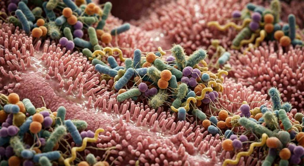Ilustrasi mikroorganisme terkena serangan antibiotik, menggambarkan kerusakan pada mikrobioma tubuh manusia akibat gaya hidup modern.
