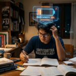 Ilustrasi pemuda Indonesia sedang belajar keras dengan termometer holografik bertuliskan angka 10 di kepalanya, menyinggung mitos benarkah otak hanya terpakai 10 persen.