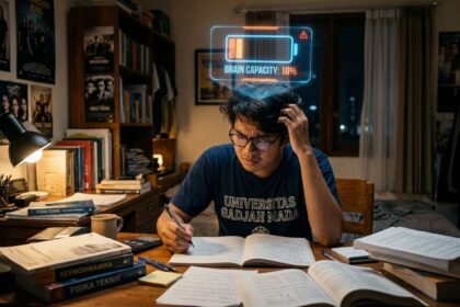 Ilustrasi pemuda Indonesia sedang belajar keras dengan termometer holografik bertuliskan angka 10 di kepalanya, menyinggung mitos benarkah otak hanya terpakai 10 persen.