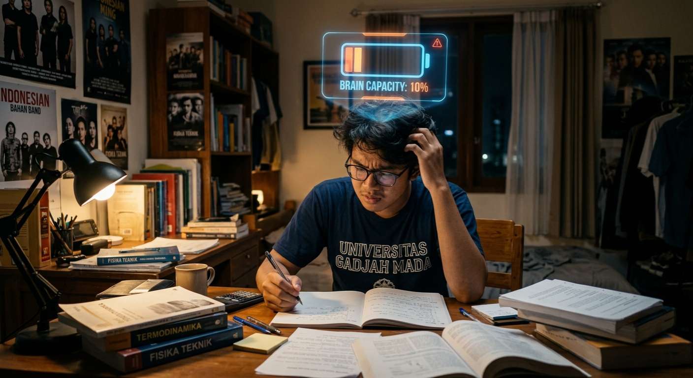 Ilustrasi pemuda Indonesia sedang belajar keras dengan termometer holografik bertuliskan angka 10 di kepalanya, menyinggung mitos benarkah otak hanya terpakai 10 persen.