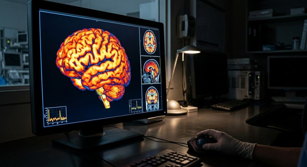 Tampilan layar monitor medis fMRI yang menunjukkan aktivitas di seluruh bagian otak, membuktikan bahwa benarkah otak hanya terpakai 10 persen