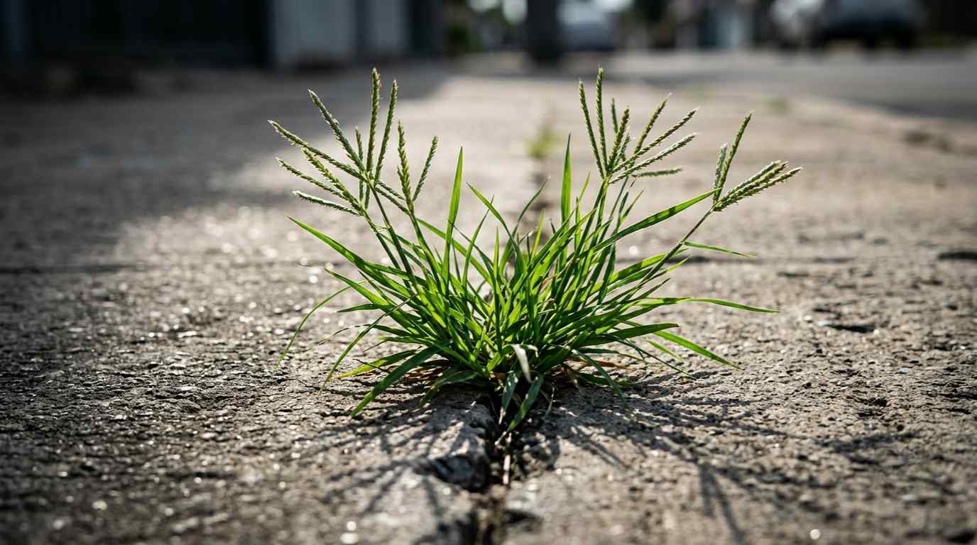 Bunga menjari dari rumput sambau yang tumbuh liar di sela retakan jalan beton, bahan alami yang diteliti saat AI temukan obat diabetes dari rumput.