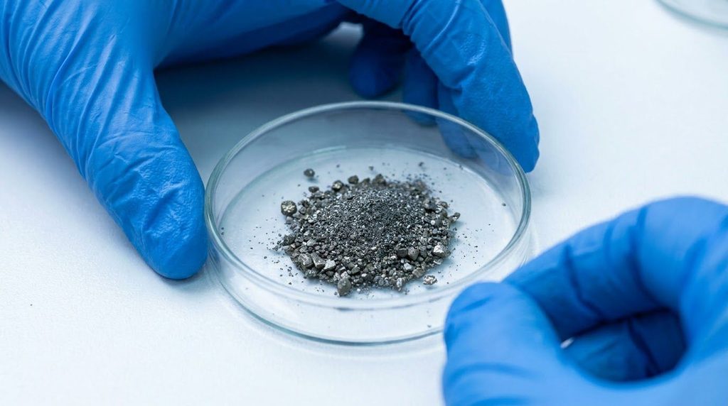 Tangan peneliti bersarung tangan medis memegang cawan petri berisi serbuk logam abu-abu yang merupakan material dasar niobium oxide untuk anoda baterai tahan 20 tahun