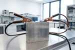Fotografi jurnalistik sel baterai industrial yang terhubung dengan kabel pengisi daya berkapasitas tinggi di atas meja laboratorium pengujian baterai tahan 20 tahun