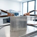 Fotografi jurnalistik sel baterai industrial yang terhubung dengan kabel pengisi daya berkapasitas tinggi di atas meja laboratorium pengujian baterai tahan 20 tahun