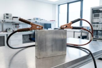 Fotografi jurnalistik sel baterai industrial yang terhubung dengan kabel pengisi daya berkapasitas tinggi di atas meja laboratorium pengujian baterai tahan 20 tahun