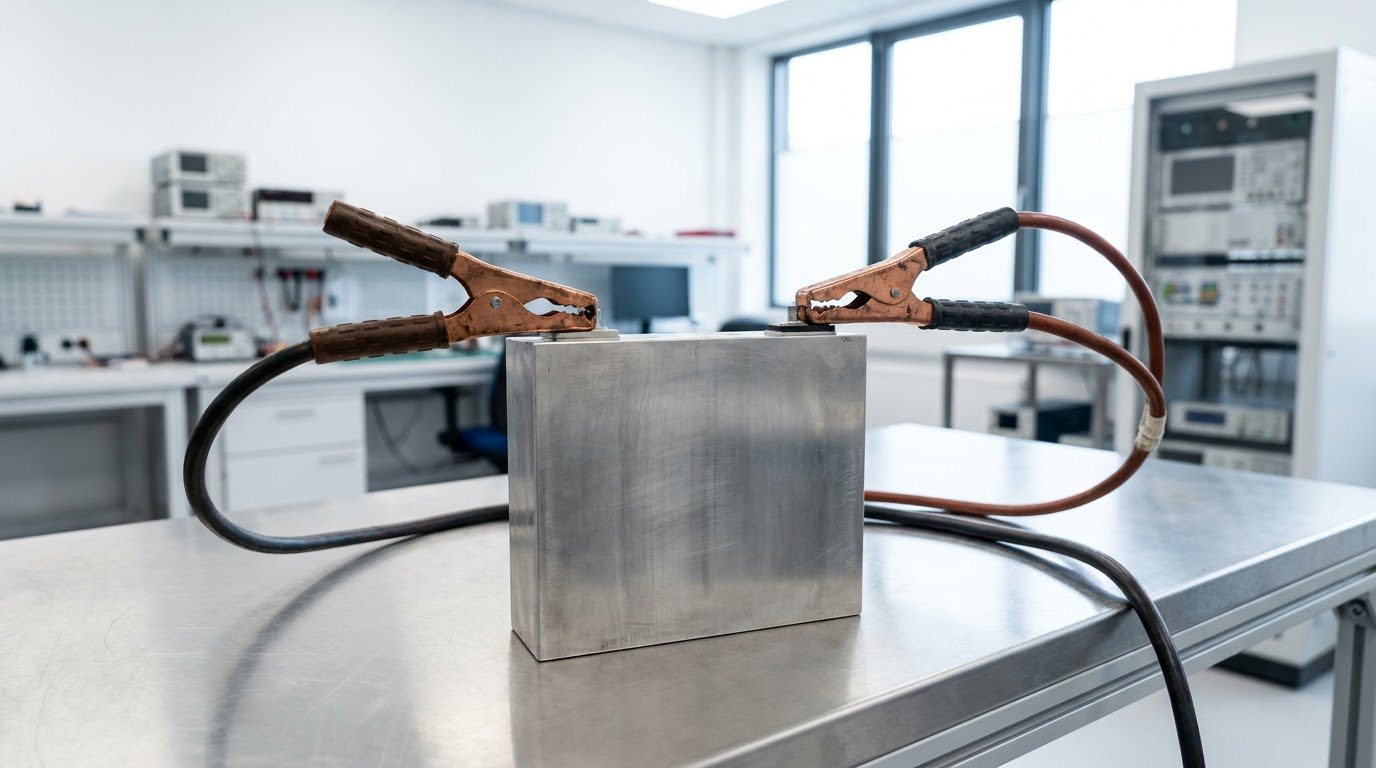 Fotografi jurnalistik sel baterai industrial yang terhubung dengan kabel pengisi daya berkapasitas tinggi di atas meja laboratorium pengujian baterai tahan 20 tahun