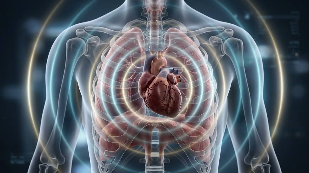Ilustrasi medis 3D anatomi dada manusia dengan fokus pada jantung dan gelombang tekanan, menjelaskan fakta ilmiah di balik mitos jantung berhenti saat bersin.