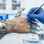 Tangan peneliti bersarung tangan medis sedang menguji respons sensor tekanan pada kulit buatan yang melapisi jari robot bionik di laboratorium.