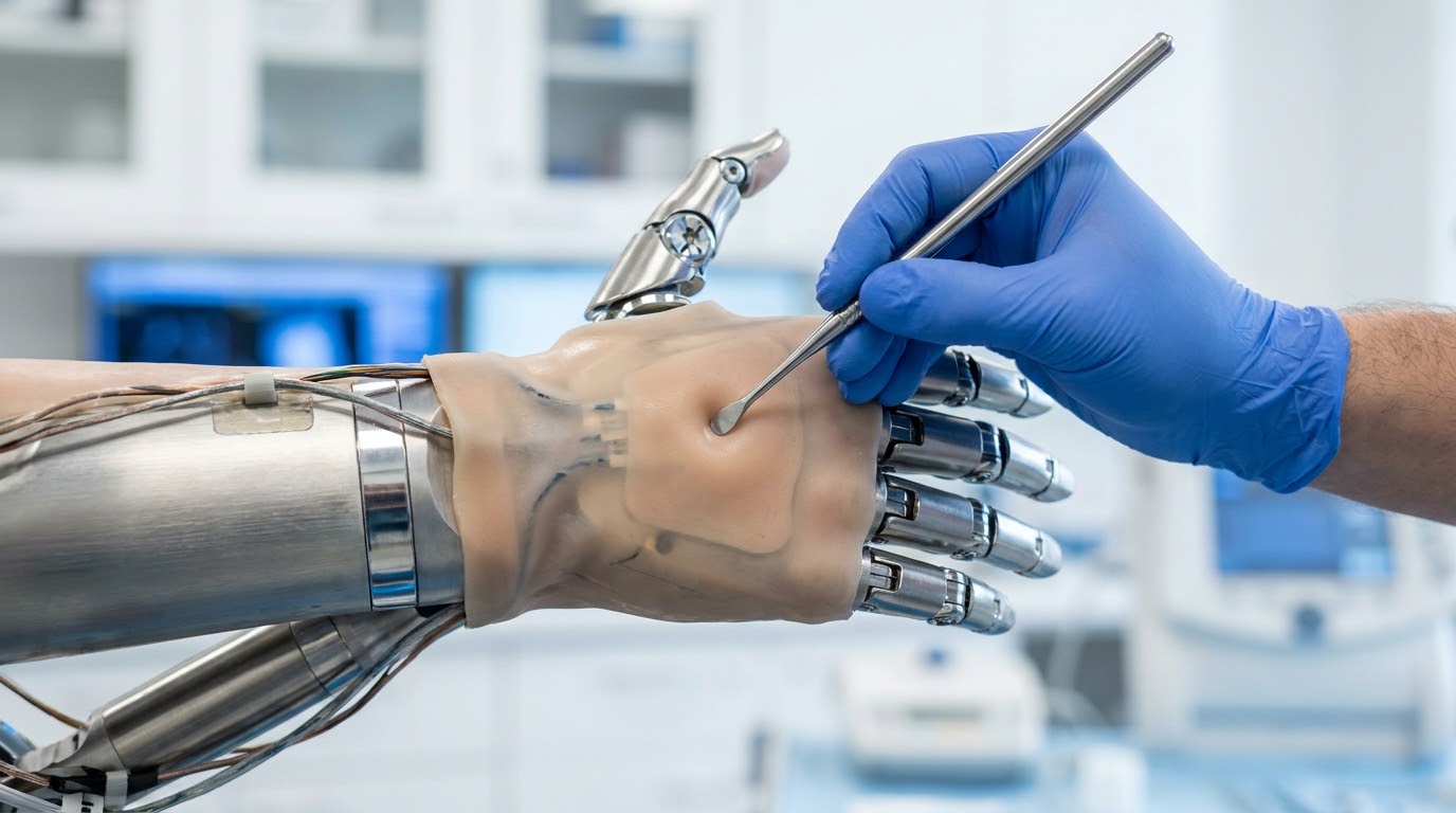 Tangan peneliti bersarung tangan medis sedang menguji respons sensor tekanan pada kulit buatan yang melapisi jari robot bionik di laboratorium.