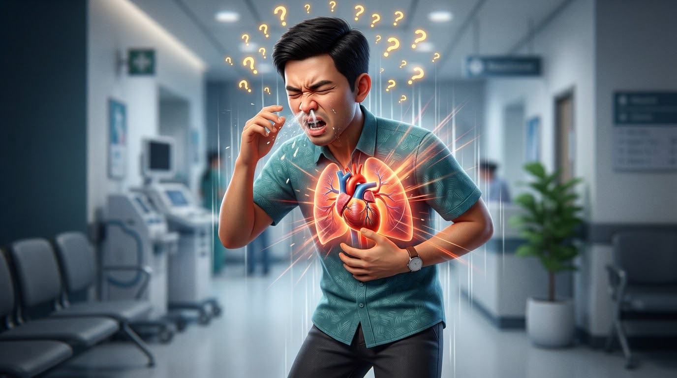 Ilustrasi pria bersin heboh sambil memegang dada dengan bayangan jantung bercahaya dan tanda tanya, menggambarkan kepanikan tentang mitos jantung berhenti saat bersin.