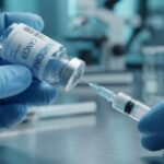 Fotografi makro realistis tangan tenaga medis bersarung tangan biru sedang menyedot cairan vaksin dari botol vial menggunakan jarum suntik, merepresentasikan inovasi vaksin kanker personal.