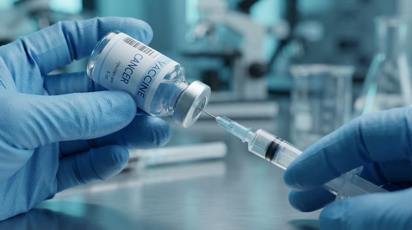 Fotografi makro realistis tangan tenaga medis bersarung tangan biru sedang menyedot cairan vaksin dari botol vial menggunakan jarum suntik, merepresentasikan inovasi vaksin kanker personal.